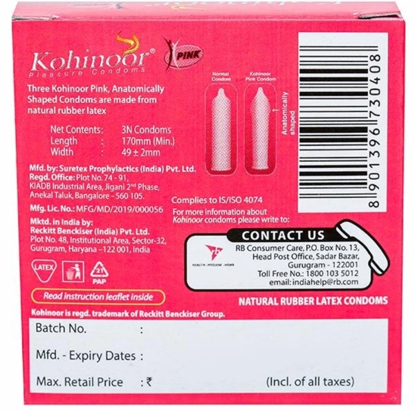 Kohinoor Pink Condom (3 Pack)  - pink, plan
