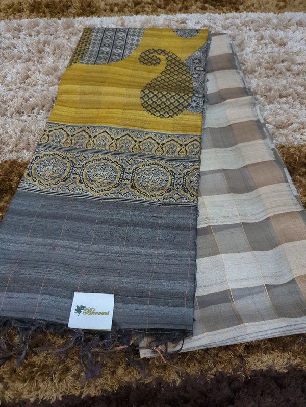 Pure Handloom Kora Tusser Designer  - Gray