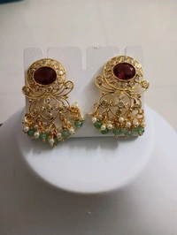 Gold Replica Earrings With Polki Stones - Red, HD