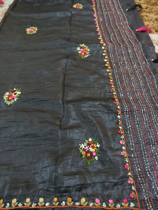 Tusser Crush With Handwork  - Black