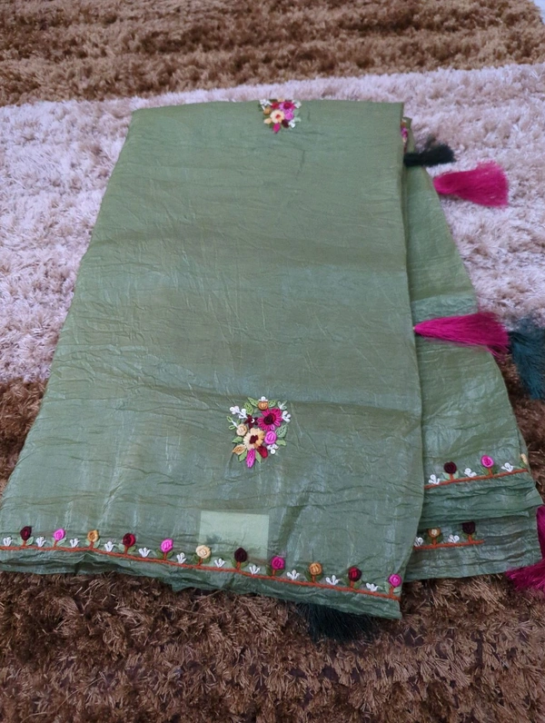 Tusser Crush With Handwork  - Hippie Green