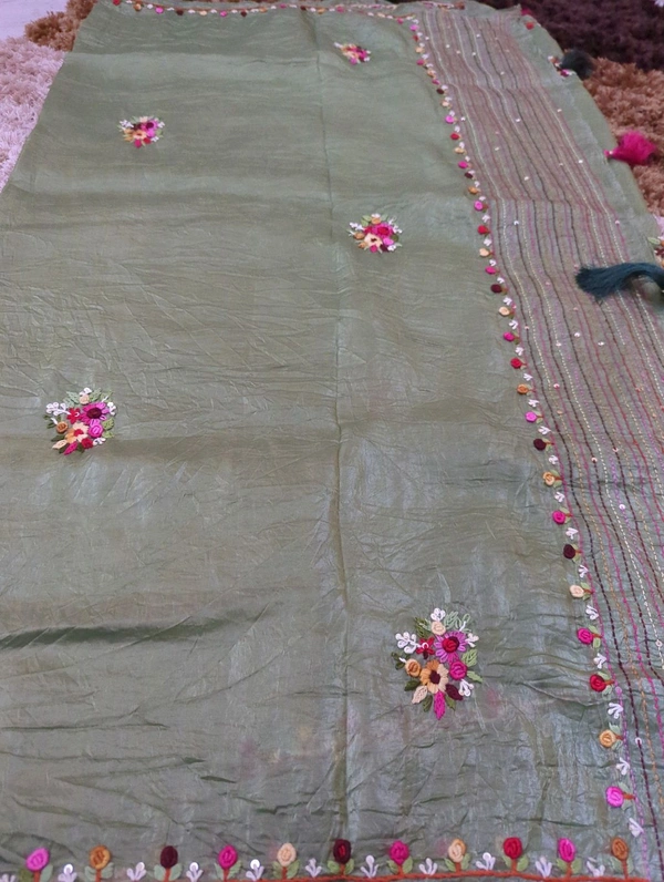 Tusser Crush With Handwork  - Hippie Green