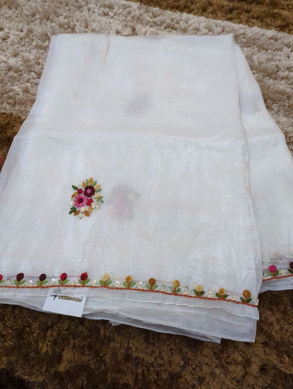 Tusser Crush With Handwork  - White