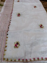 Tusser Crush With Handwork  - White