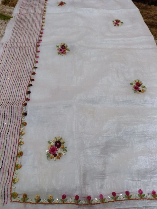 Tusser Crush With Handwork  - White