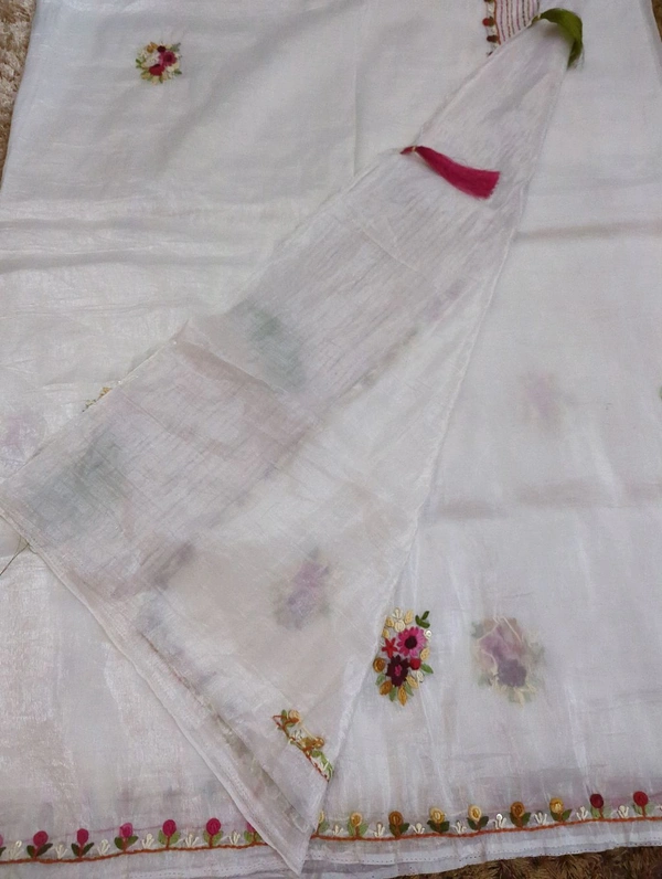 Tusser Crush With Handwork  - White