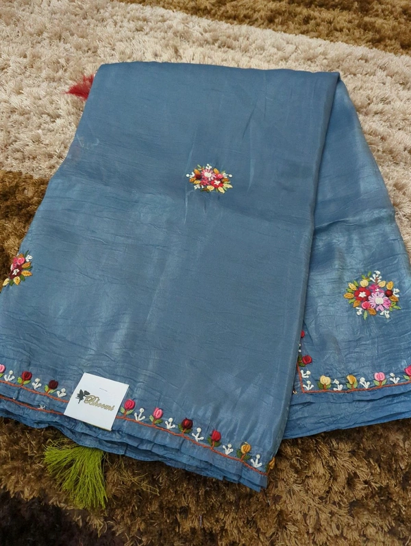 Tusser Crush With Handwork  - Smalt Blue