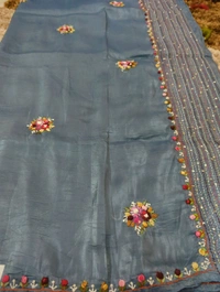 Tusser Crush With Handwork  - Smalt Blue