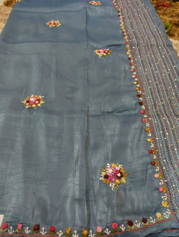 Tusser Crush With Handwork  - Smalt Blue