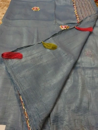 Tusser Crush With Handwork  - Smalt Blue