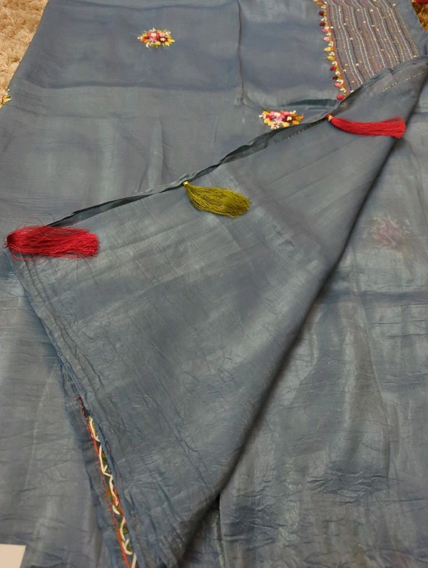 Tusser Crush With Handwork  - Smalt Blue