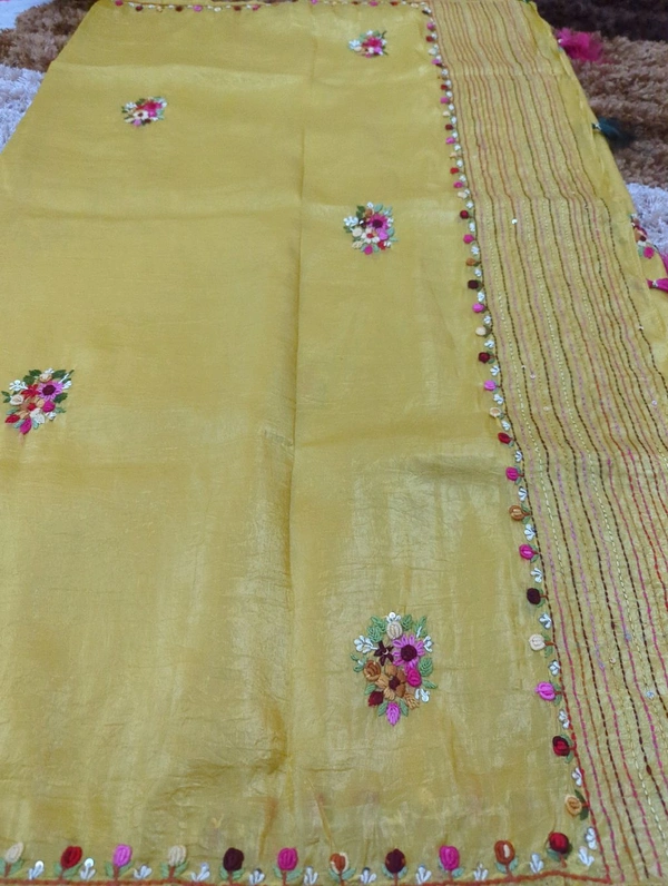Tusser Crush With Handwork  - Gold