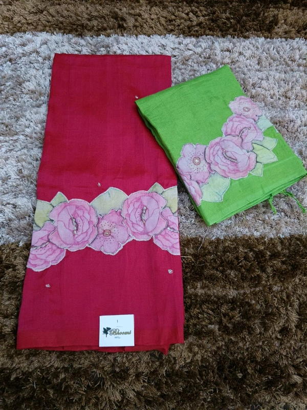 Pure Handloom Mangalagiri Pattu With Rose Applique Work - Hibiscus 1