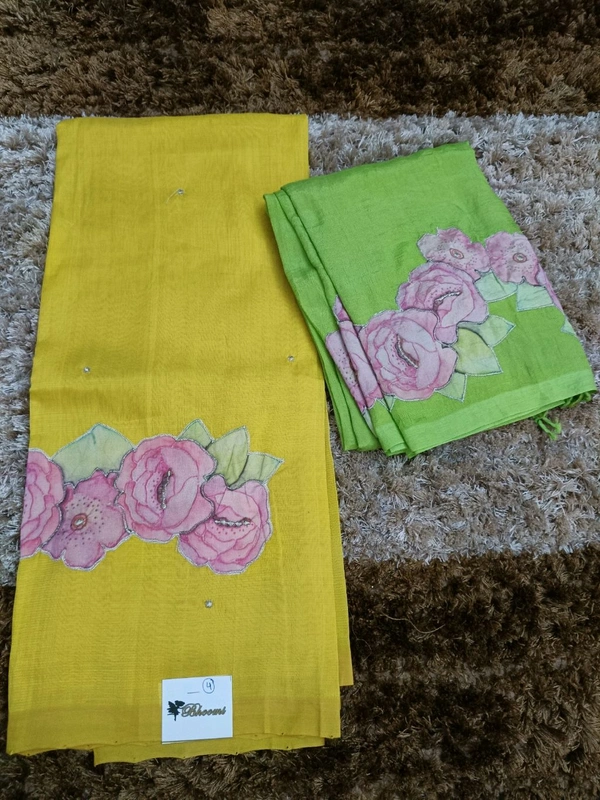 Pure Handloom Mangalagiri Pattu With Rose Applique Work - Yellow 4