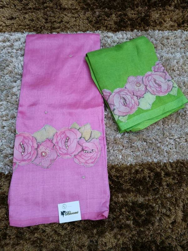 Pure Handloom Mangalagiri Pattu With Rose Applique Work - Blush Pink 5