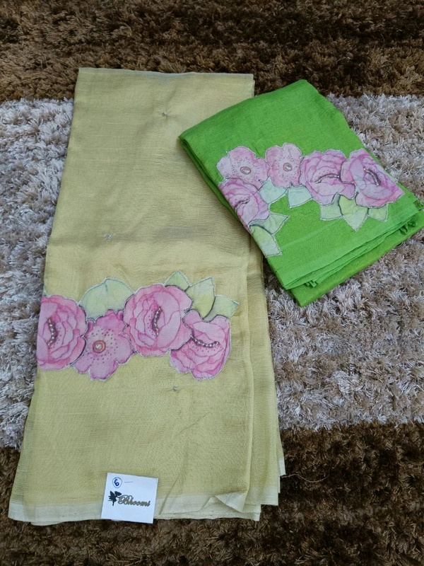 Pure Handloom Mangalagiri Pattu With Rose Applique Work - Gold 6