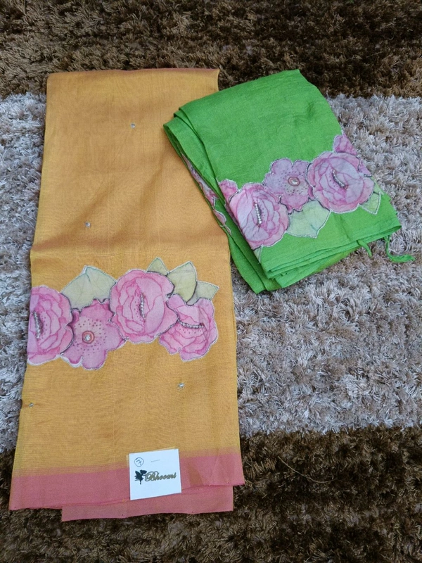 Pure Handloom Mangalagiri Pattu With Rose Applique Work - Web Orange 7