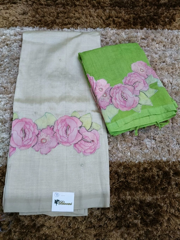 Pure Handloom Mangalagiri Pattu With Rose Applique Work - Baja White 8