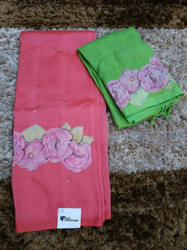 Pure Handloom Mangalagiri Pattu With Rose Applique Work - Wild Watermelon 9
