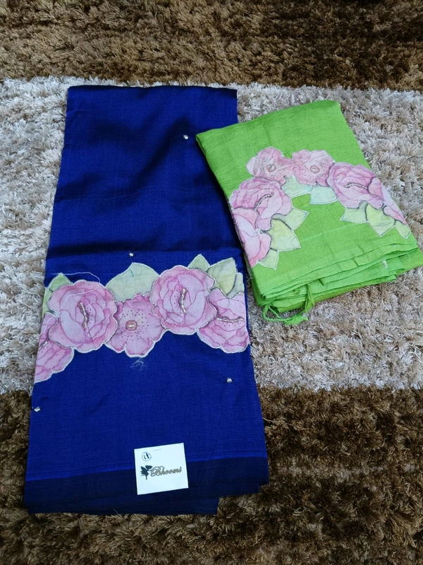Pure Handloom Mangalagiri Pattu With Rose Applique Work - Dark Blue 11