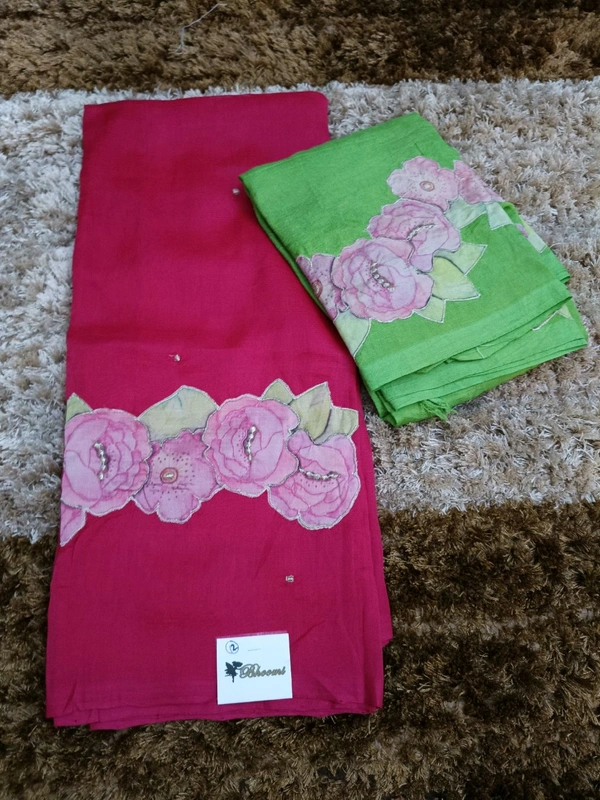 Pure Handloom Mangalagiri Pattu With Rose Applique Work - Rose 12