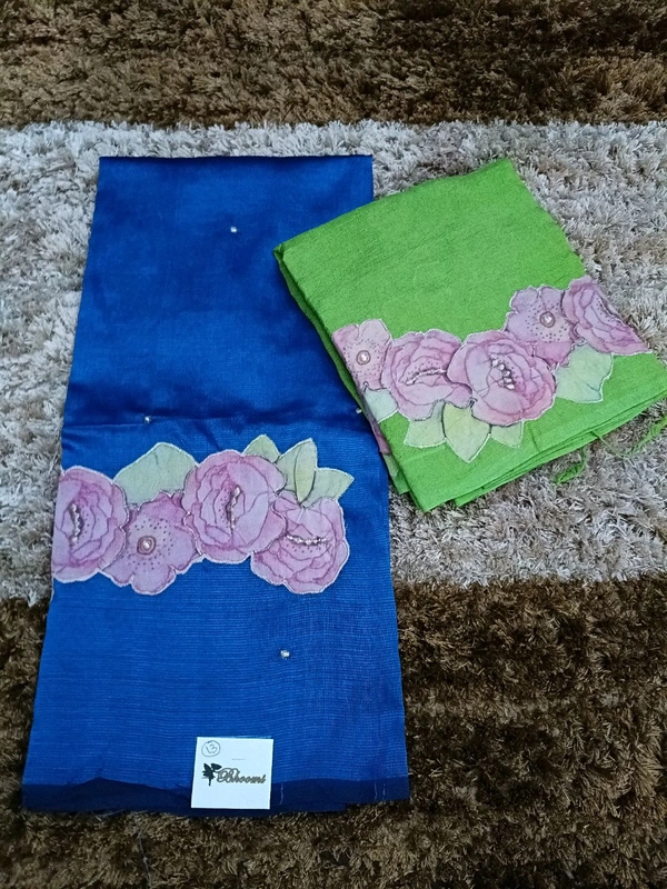 Pure Handloom Mangalagiri Pattu With Rose Applique Work - Blue 13