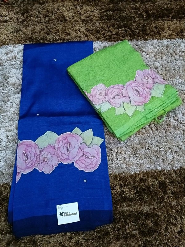 Pure Handloom Mangalagiri Pattu With Rose Applique Work - Ultramarine 15