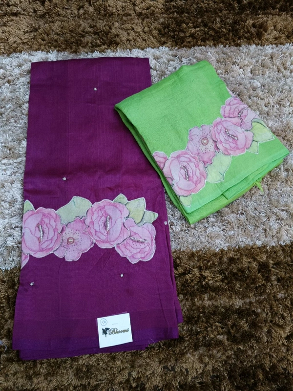 Pure Handloom Mangalagiri Pattu With Rose Applique Work - Purple 16