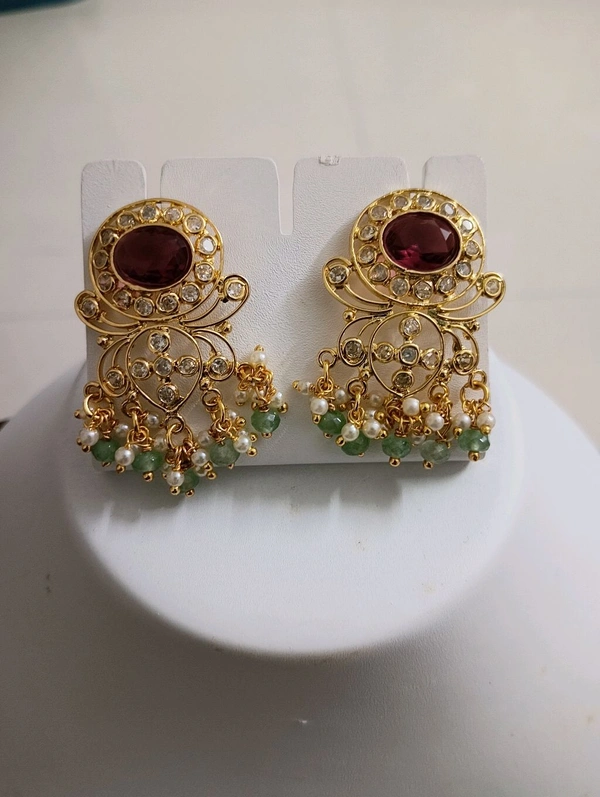 Gold Replica Earrings With Polki Stones - Red, VZ