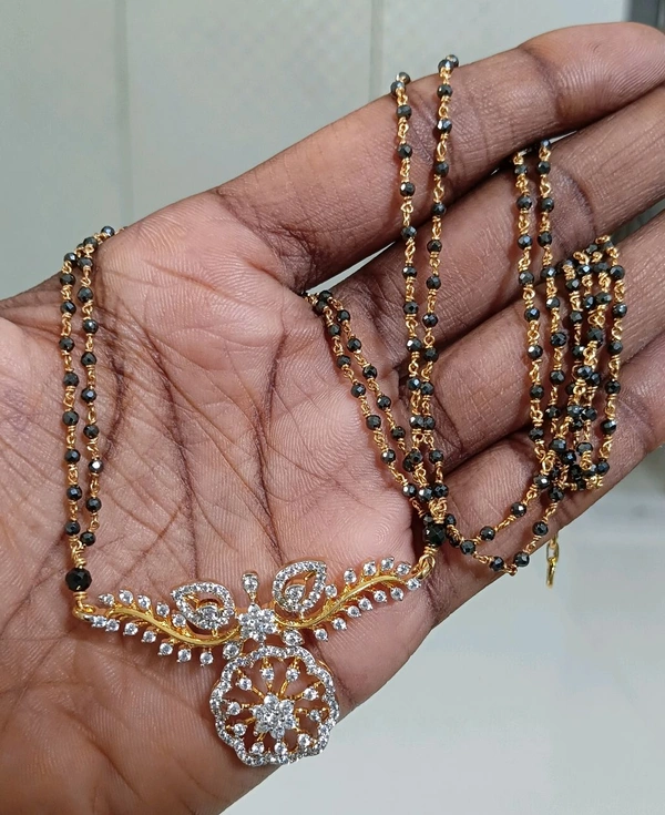 2 Lines Black Diamonds With Diamond Replica Pendant  - HD
