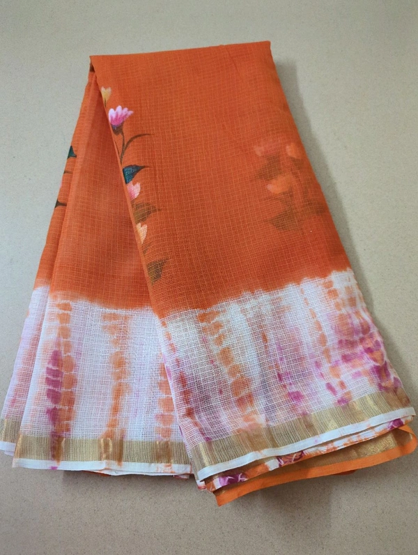Pure Cotton Kota With Hand Painted - orange