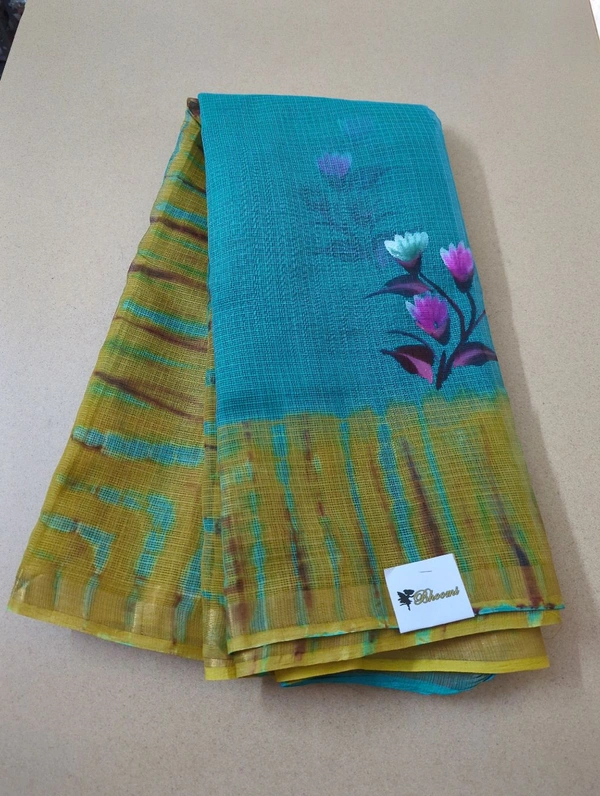 Pure Cotton Kota With Hand Painted - sky blue
