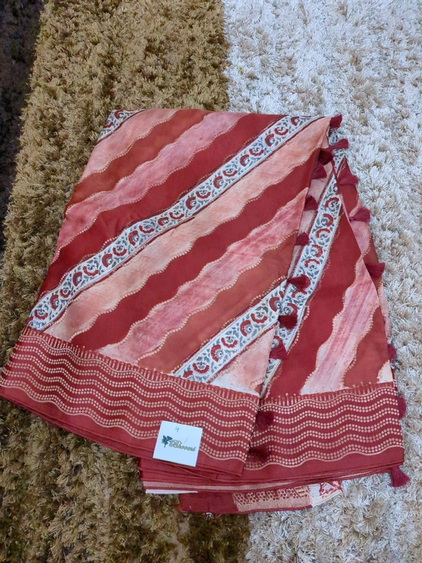 Pure Mushru With Block Print - Red 4