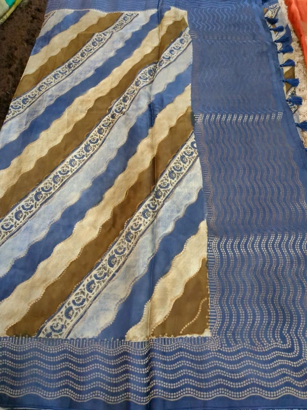 Pure Mushru With Block Print - Cornflower Blue 8