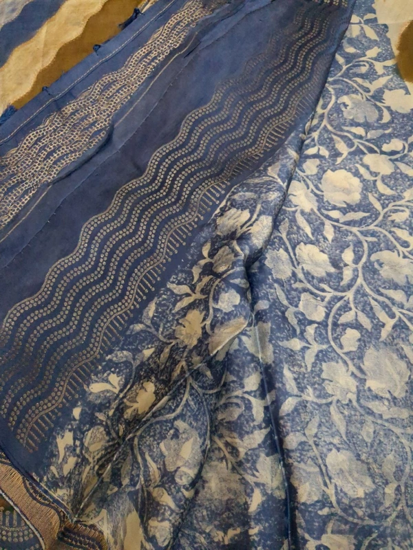 Pure Mushru With Block Print - Cornflower Blue 8