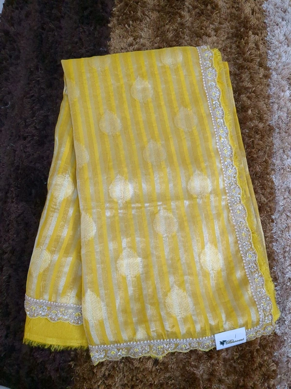 Pure Tissue Designer With Handwork  - Gold