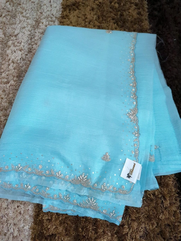 Pure Crush With Hand Work - sky blue