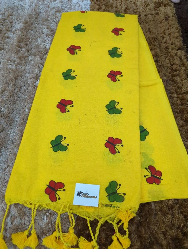 Cotton With Butterfly Print  With Out Blouse  - Gold
