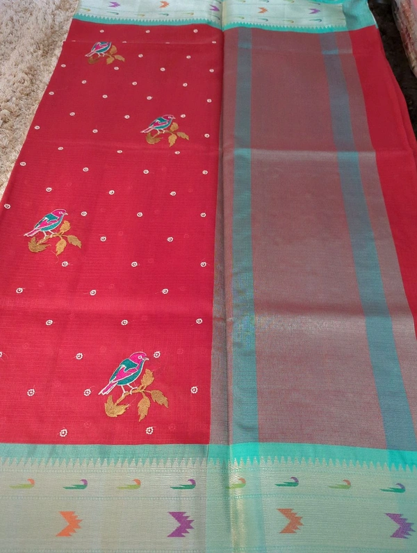 Kota With Embroidery  - Red