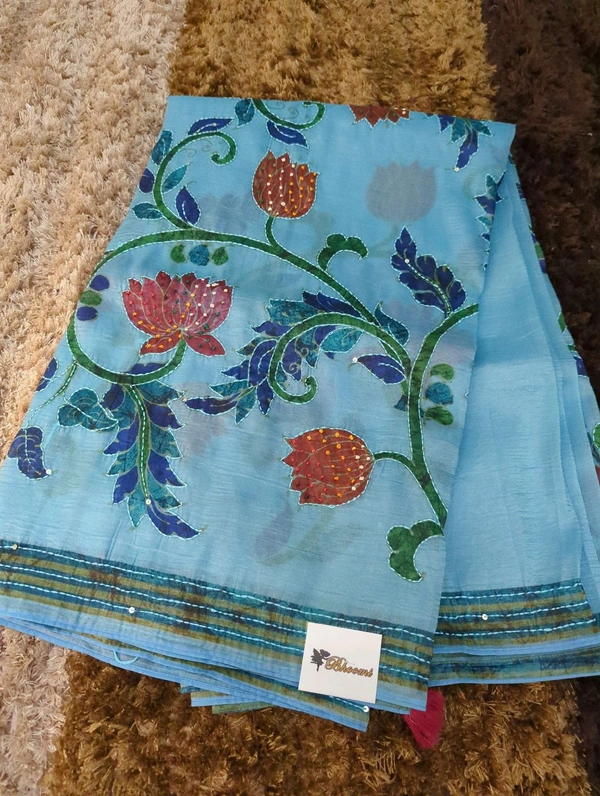 Tusser Crush Hand Work  - sky blue