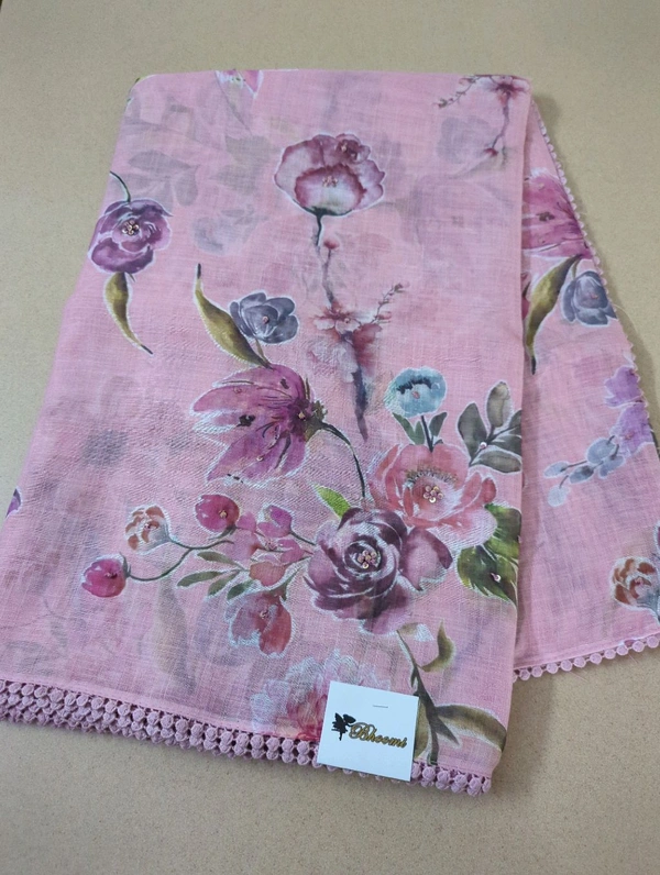 Pure Lenin With Handwork  - Pink Lace