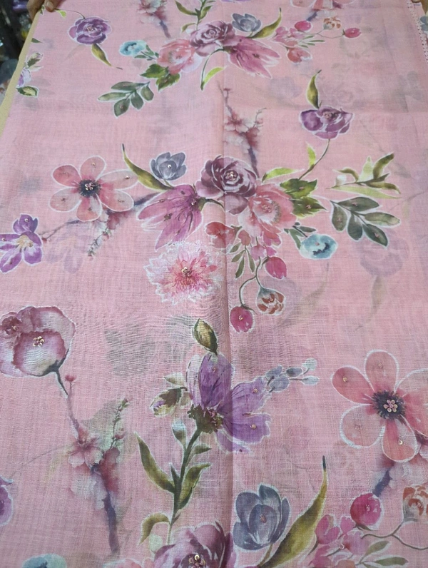 Pure Lenin With Handwork  - Pink Lace