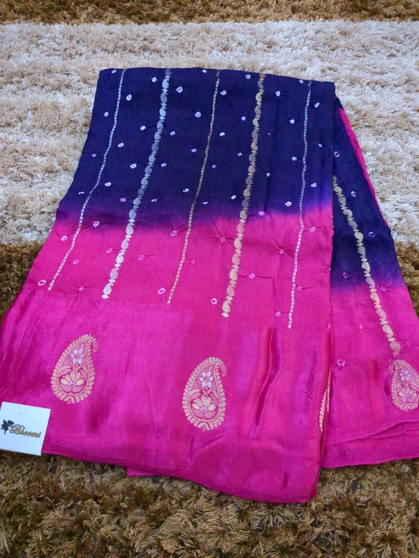Mango Tusser With Mushru Border  - Pink Flamingo