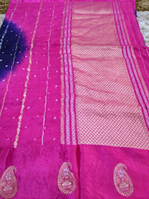 Mango Tusser With Mushru Border  - Pink Flamingo