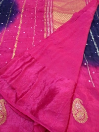 Mango Tusser With Mushru Border  - Pink Flamingo