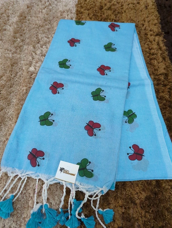 Cotton With Butterfly Print  With Out Blouse  - sky blue