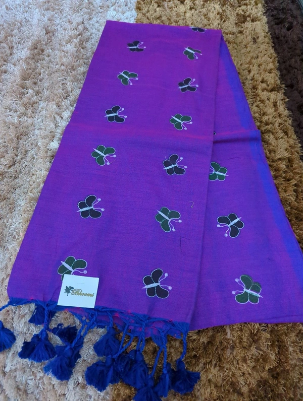Cotton With Butterfly Print  With Out Blouse  - Fuchsia Blue