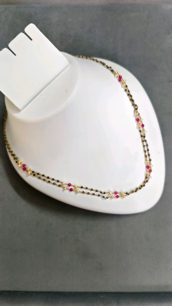 Black Diamonds With Real Pearls And Manulu,2 Lines - Red, 18 Inches