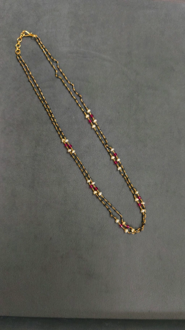 Black Diamonds With Real Pearls And Manulu,2 Lines - Red, 18 Inches