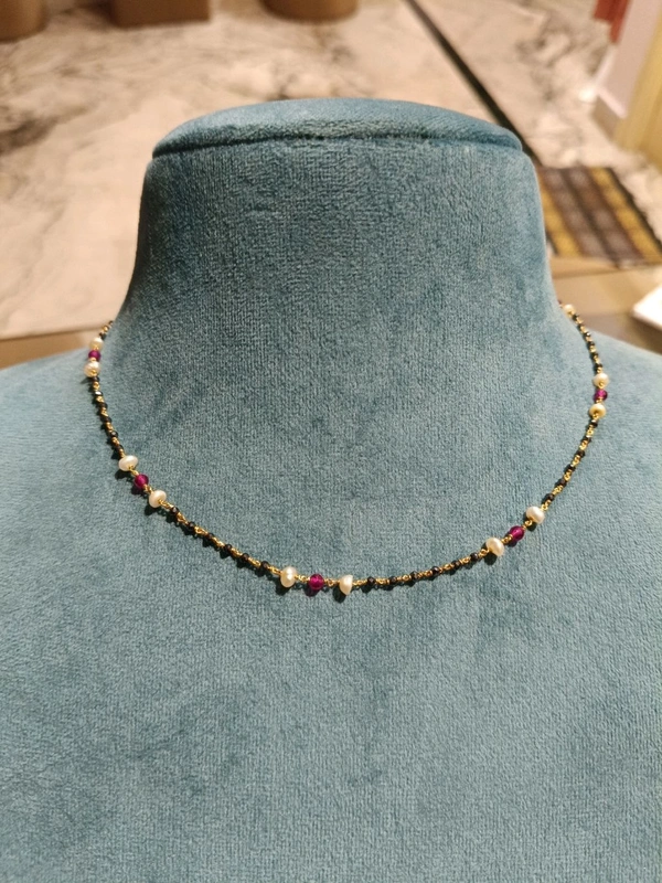 Black Diamonds With Real Pearls And Manulu,Single Line - Red, 16 Inches